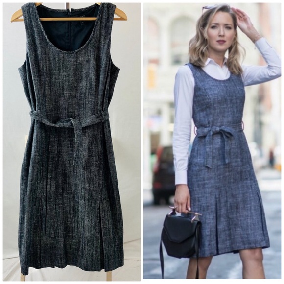 J. Crew Dresses & Skirts - J. Crew Herringbone Navy Belted Dress Size 10 Linen Blend